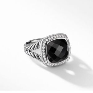 David Yurman Sterling Silver Ring with Faceted Black Onyx and Diamond Halo